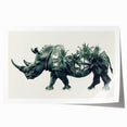 Rhinoceros wall art print showcasing a vibrant wildlife design, featuring a detailed illustration of a rhino in its natural habitat, rolled for easy display.