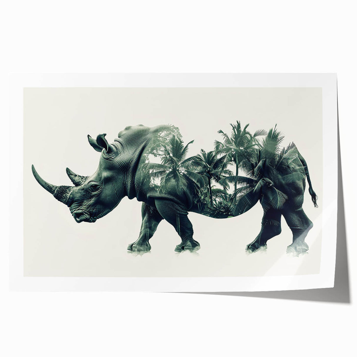 Rhinoceros wall art print showcasing a vibrant wildlife design, featuring a detailed illustration of a rhino in its natural habitat, rolled for easy display.