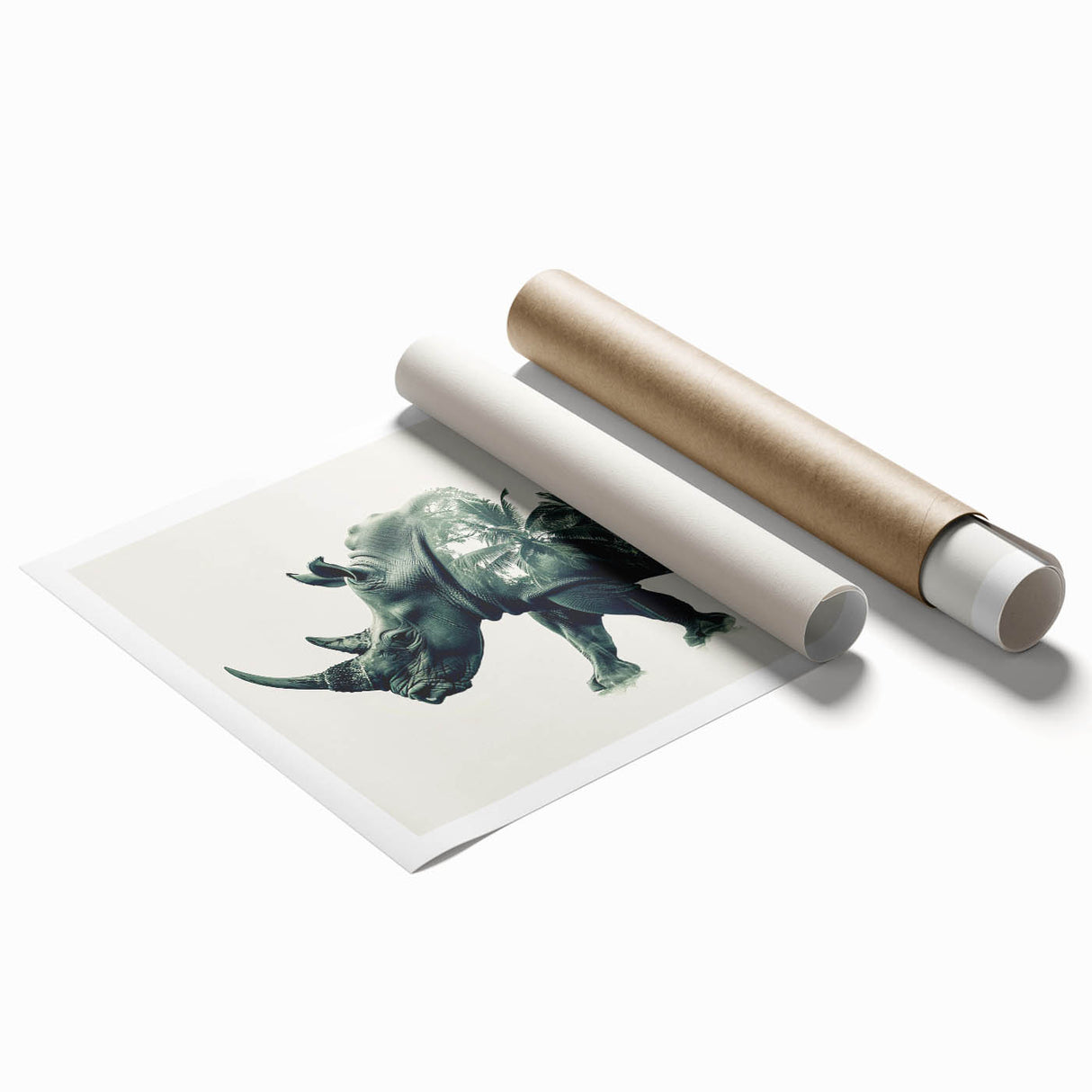 Rhinoceros wall art design featuring a vibrant, colorful illustration of a rhino in a lush jungle setting, ideal for wildlife enthusiasts and home decor.