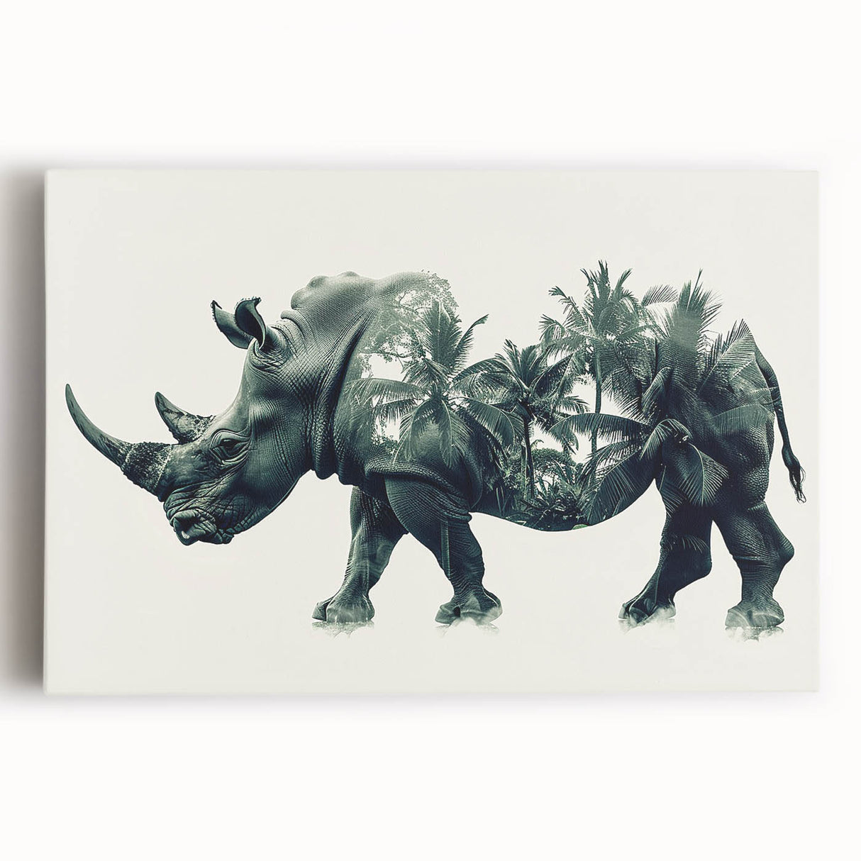 Stretched canvas wall art featuring a front view of a majestic rhinoceros, showcasing intricate details and earthy tones, ideal for wildlife enthusiasts and modern decor.