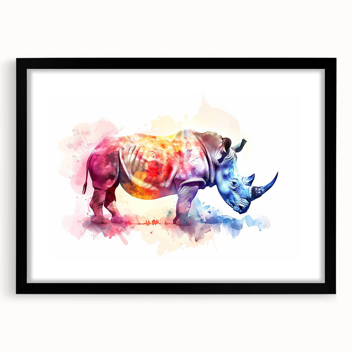 Framed wall art collection featuring a striking black and white rhinoceros design, set against a sleek mat. Ideal for wildlife enthusiasts and modern decor.