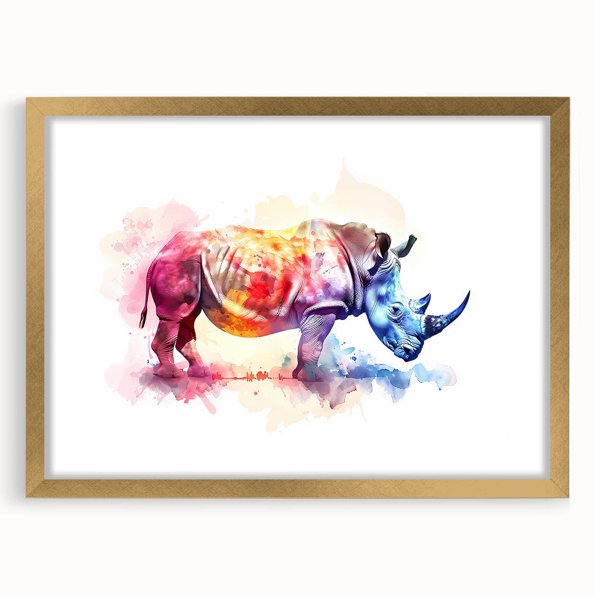 Rhinoceros wall art collection featuring a beautifully framed design with a gold mat, showcasing intricate details and vibrant colors, perfect for wildlife enthusiasts.