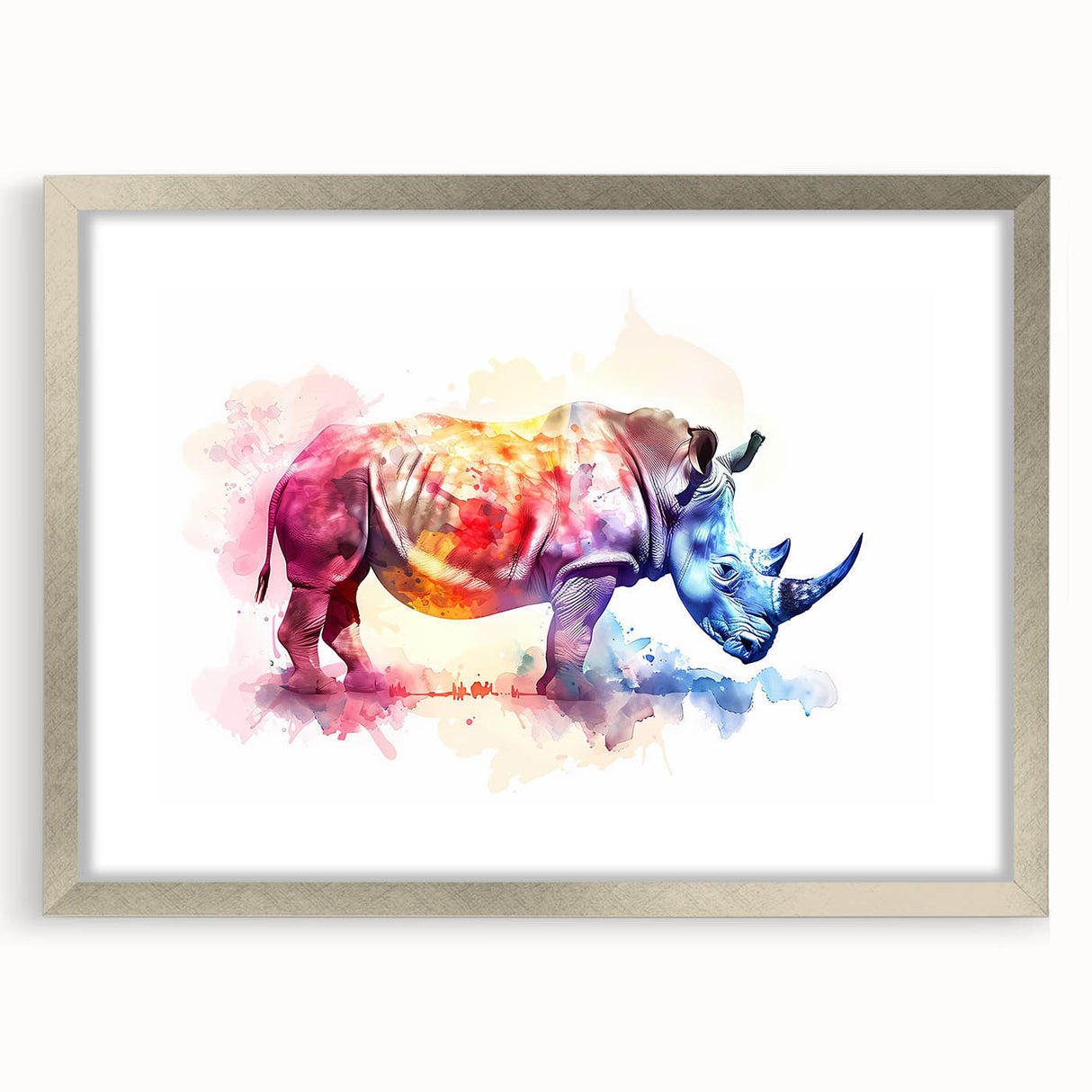 Framed wall art featuring a detailed design of a rhinoceros, showcasing intricate textures and a silver frame, ideal for wildlife enthusiasts and home decor.