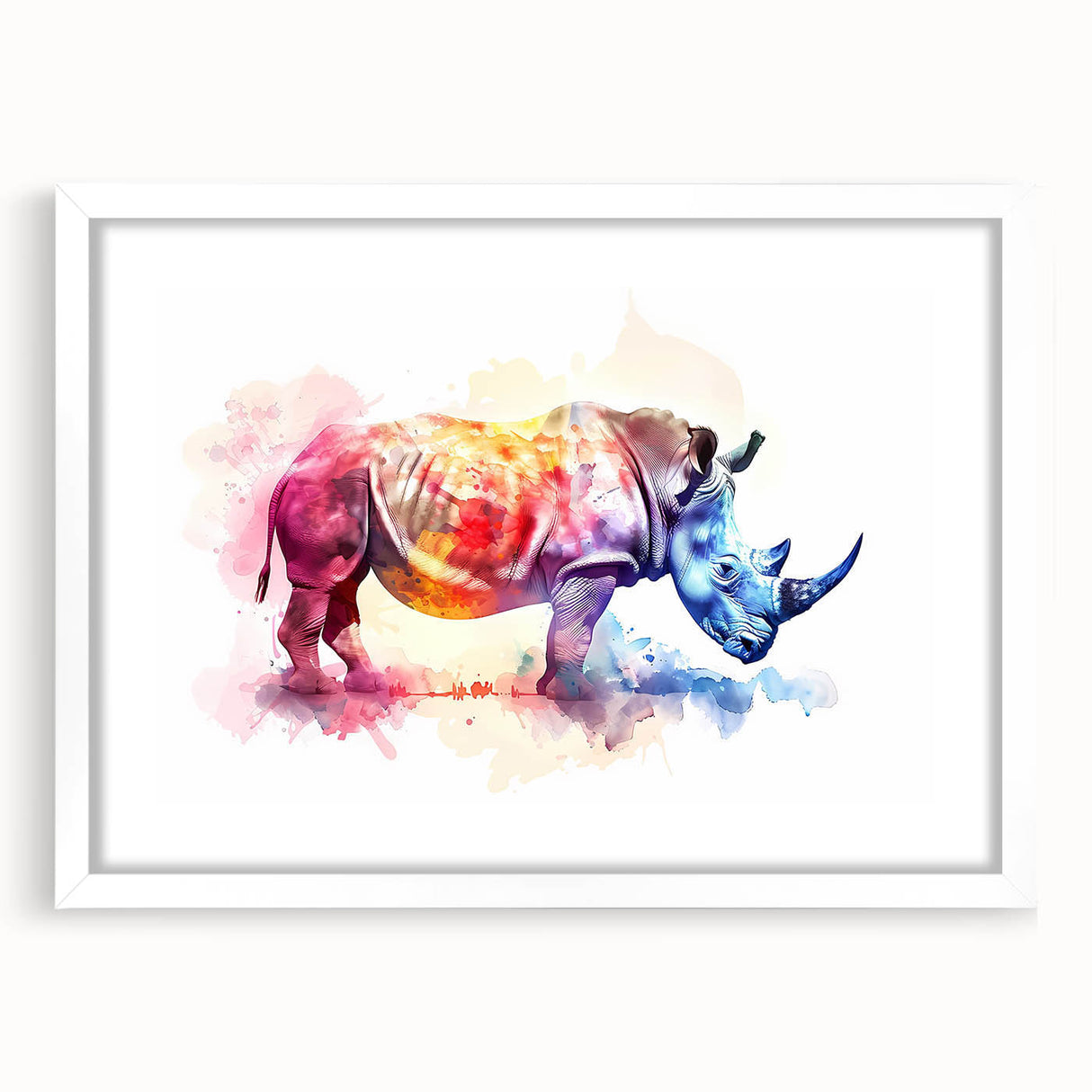 Rhinoceros wall art collection framed with a white mat, showcasing a detailed, wildlife-inspired design that highlights the majestic animal's features and textures.