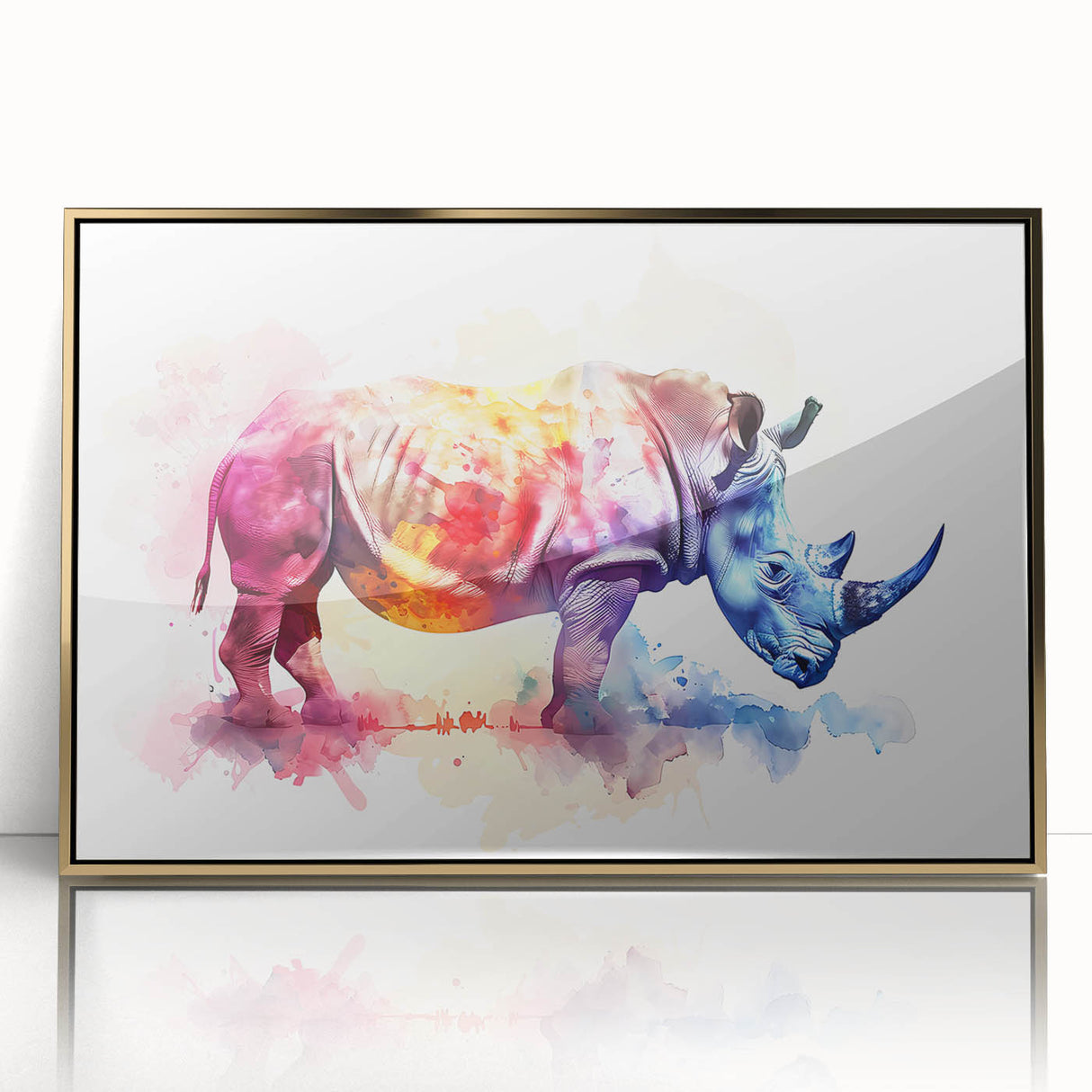 Framed acrylic wall art featuring a striking gold-accented design of a rhinoceros in a front view, perfect for adding a touch of wildlife elegance to modern decor.