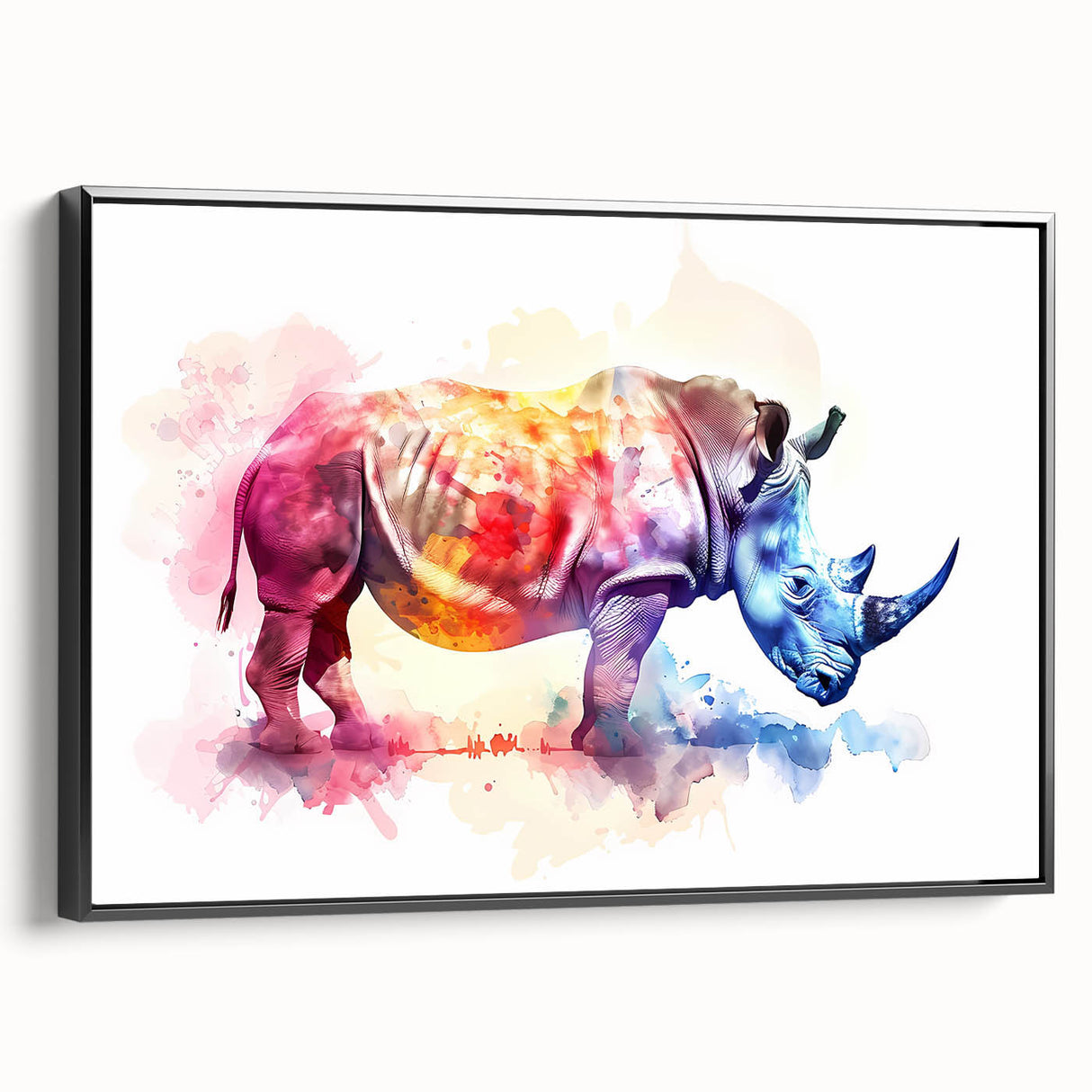 Framed wall art showcasing a side view of a black rhinoceros, emphasizing its unique features and textures, perfect for animal lovers and wildlife decor enthusiasts.