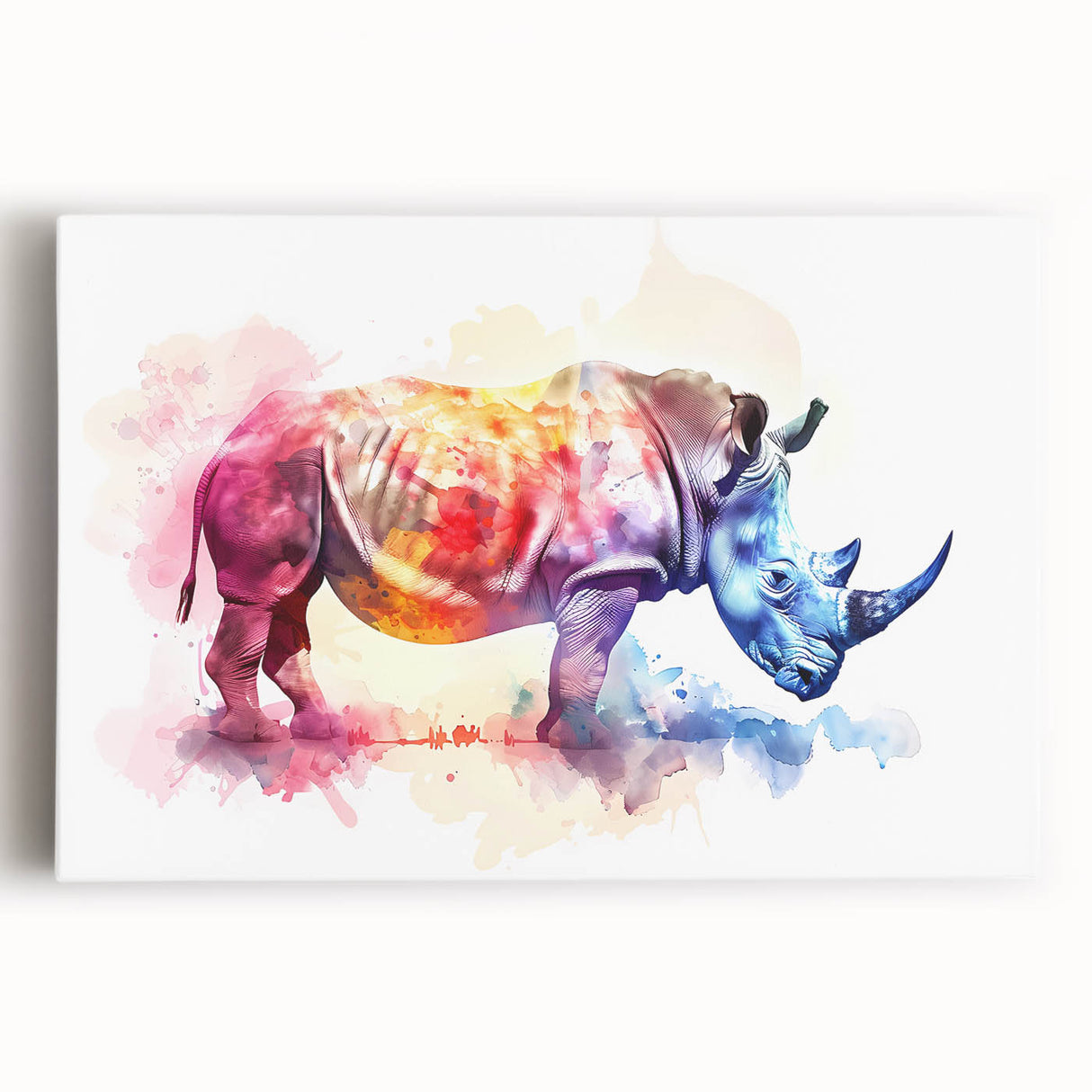 Stretched canvas wall art depicting a realistic front view of a rhinoceros in a natural setting, showcasing intricate details and earthy tones, perfect for wildlife enthusiasts.