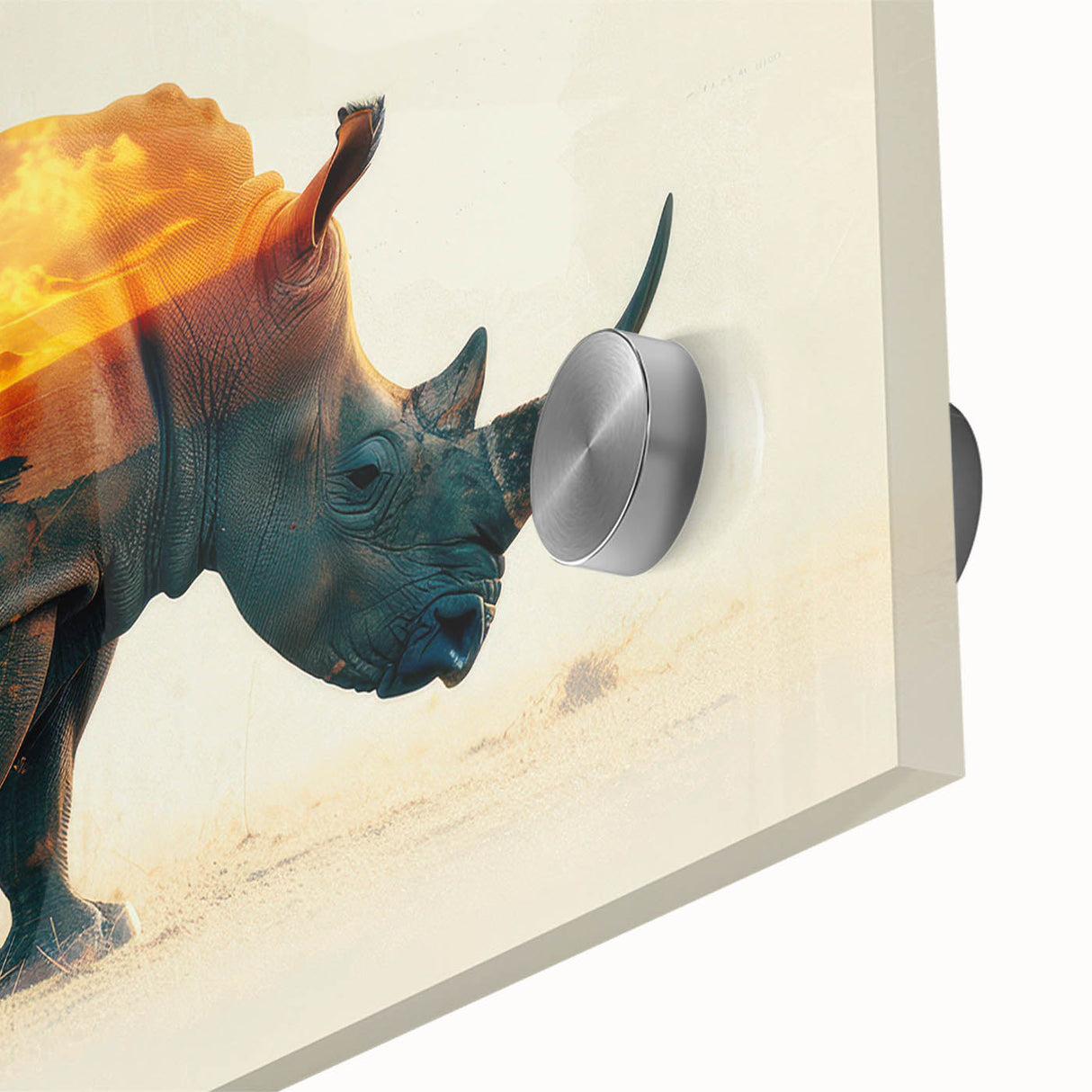Close-up of an acrylic glass wall art piece featuring a detailed design of a rhinoceros, showcasing its textured skin and natural colors, perfect for wildlife enthusiasts.