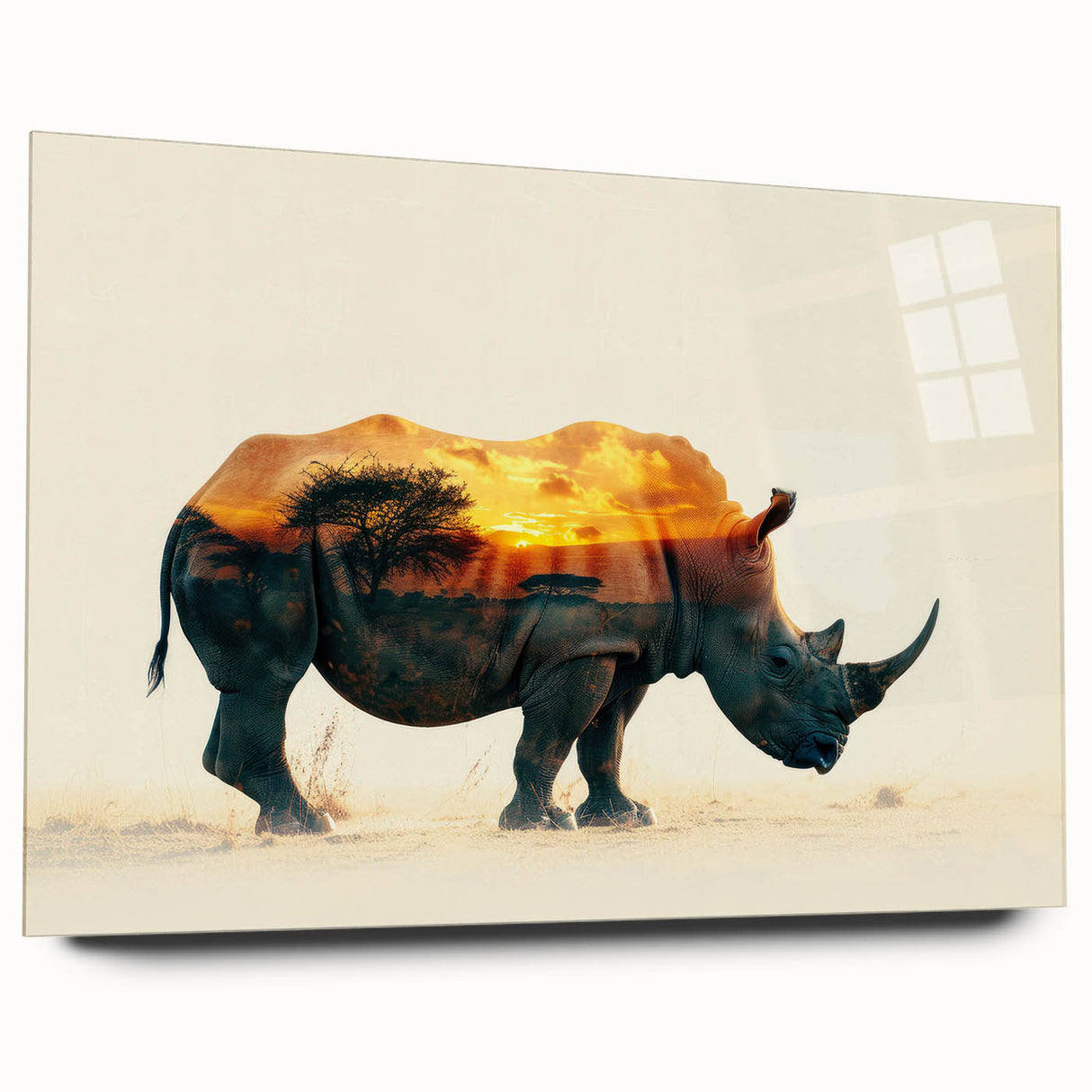 Acrylic wall art featuring a side view of a majestic rhinoceros design, showcasing detailed textures and vibrant colors, perfect for wildlife enthusiasts' decor.