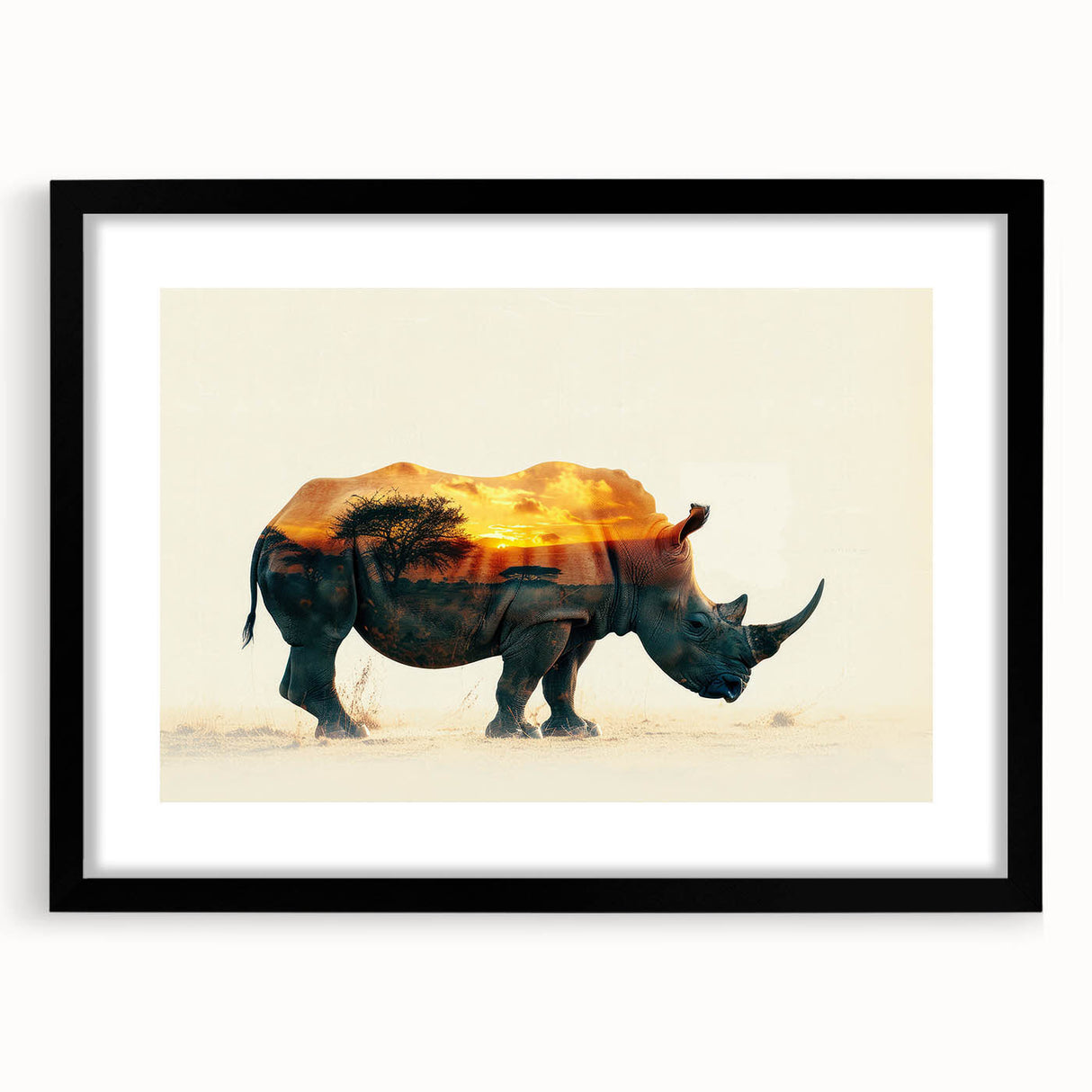 Black-framed wall art showcasing a striking rhinoceros design, featuring intricate details and vibrant colors, perfect for wildlife enthusiasts and modern decor.