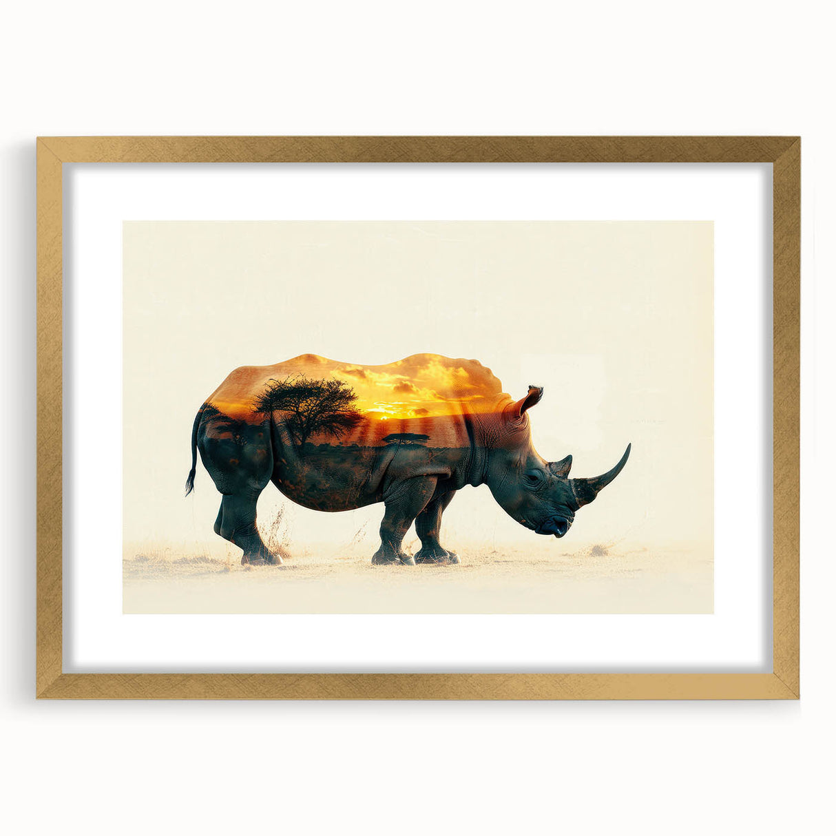 Framed wall art featuring a detailed illustration of a rhinoceros, showcasing a gold mat and intricate design, ideal for wildlife-themed decor.