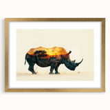 Framed wall art featuring a detailed illustration of a rhinoceros, showcasing a gold mat and intricate design, ideal for wildlife-themed decor.