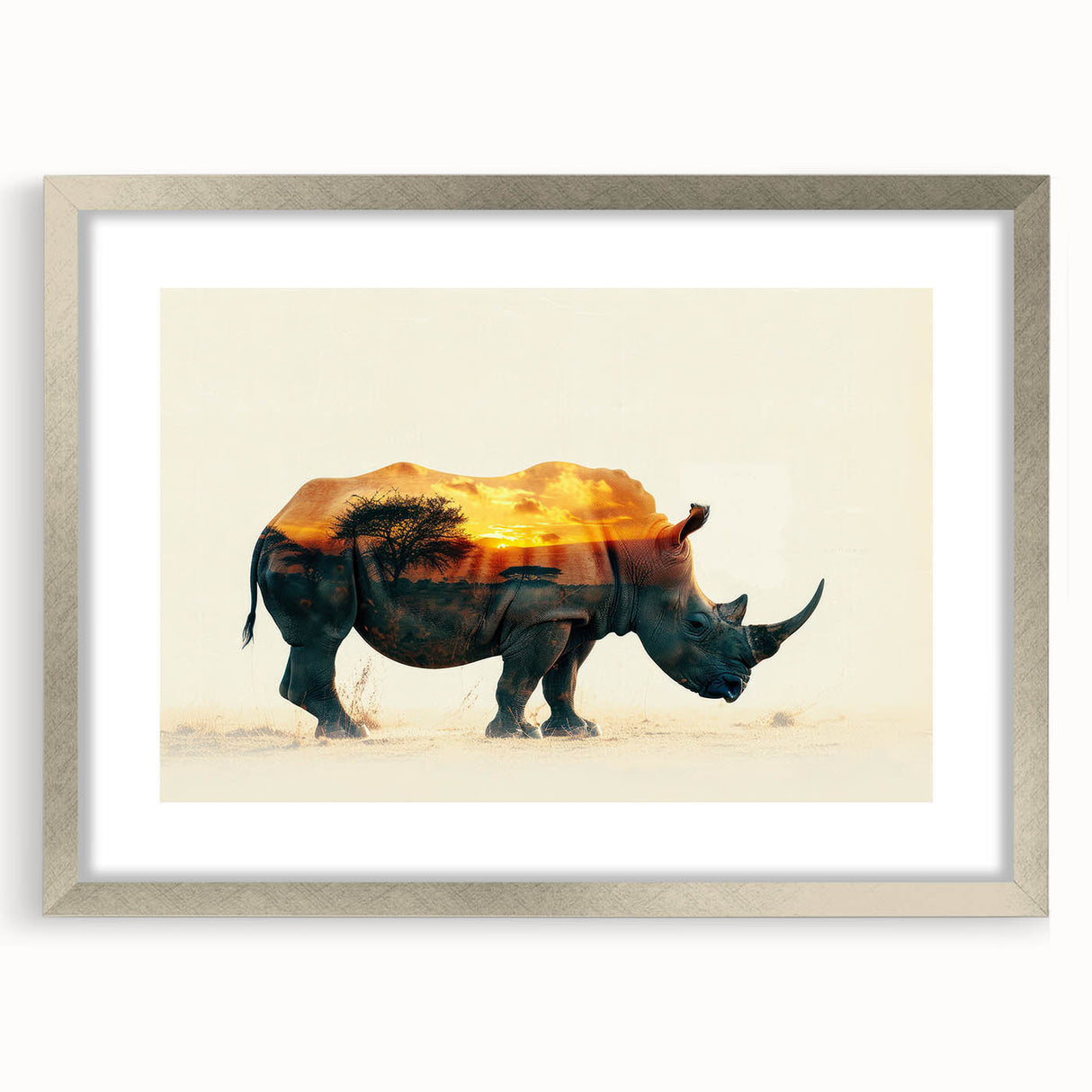 Framed wall art featuring a striking rhinoceros design in silver, showcasing intricate details and textures, perfect for wildlife enthusiasts and modern decor.