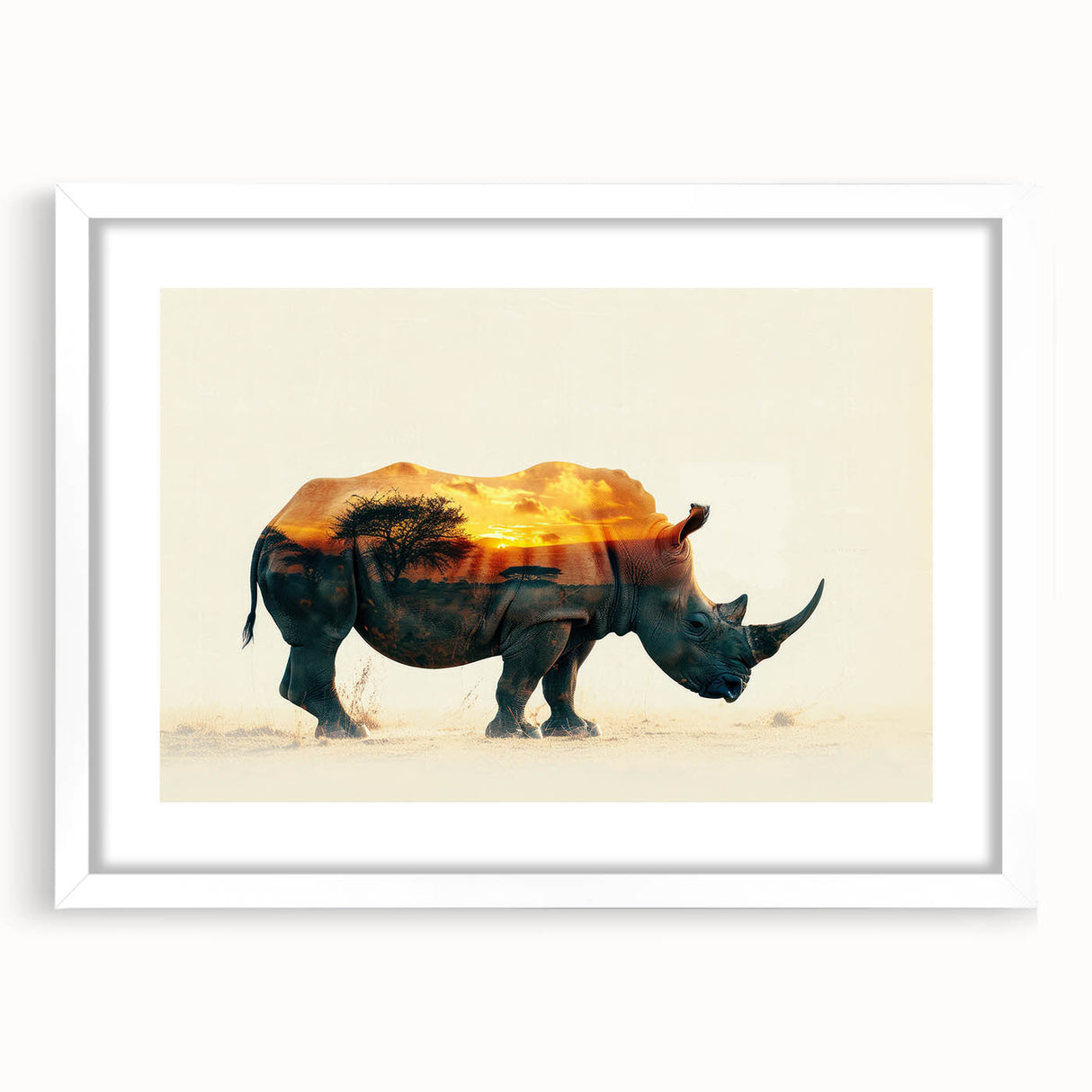 Framed wall art featuring a detailed illustration of a rhinoceros, showcasing intricate design elements and a white mat, ideal for wildlife enthusiasts.