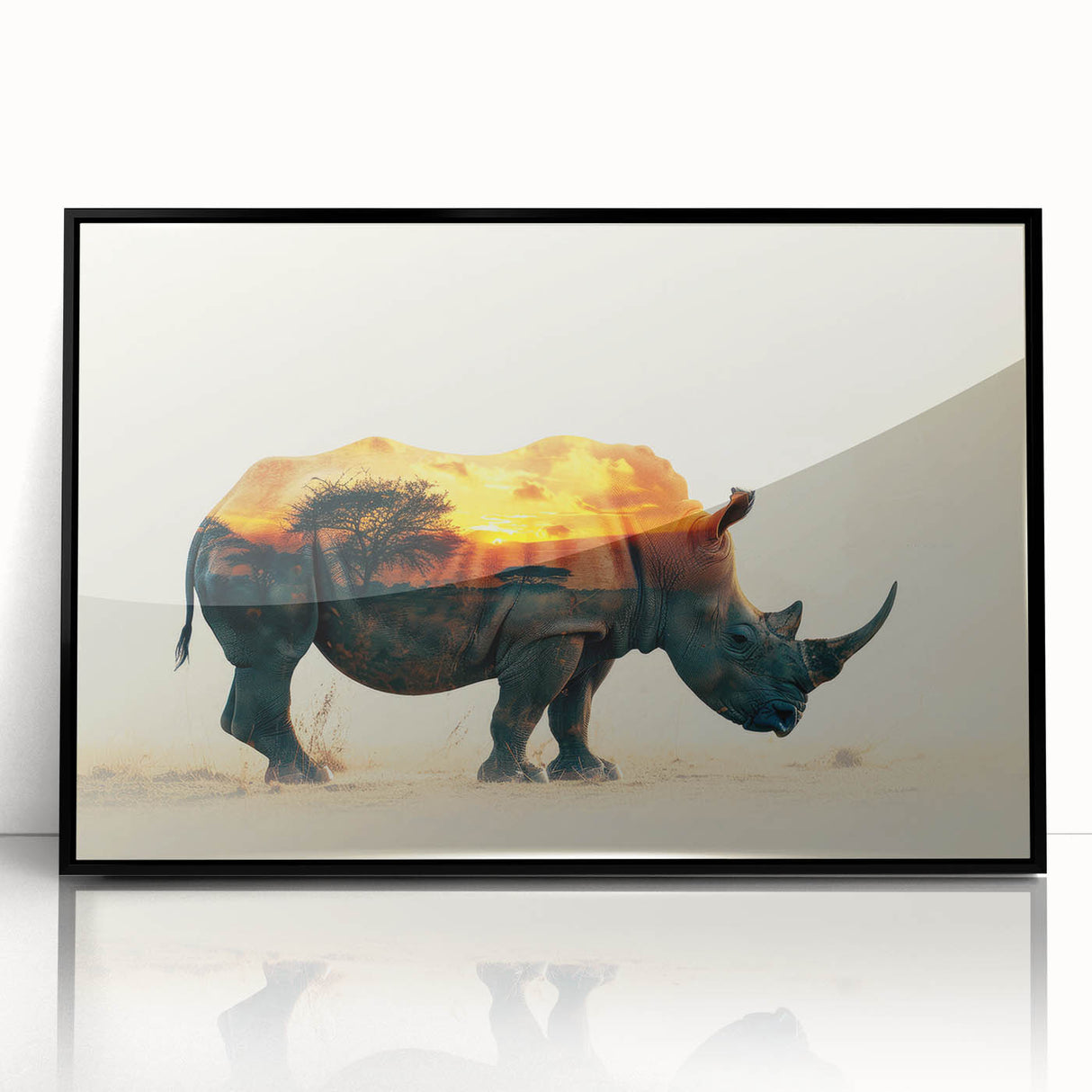 Framed wall art featuring a striking black front view of a rhinoceros design, perfect for wildlife enthusiasts and modern decor, showcasing intricate details and bold aesthetics.