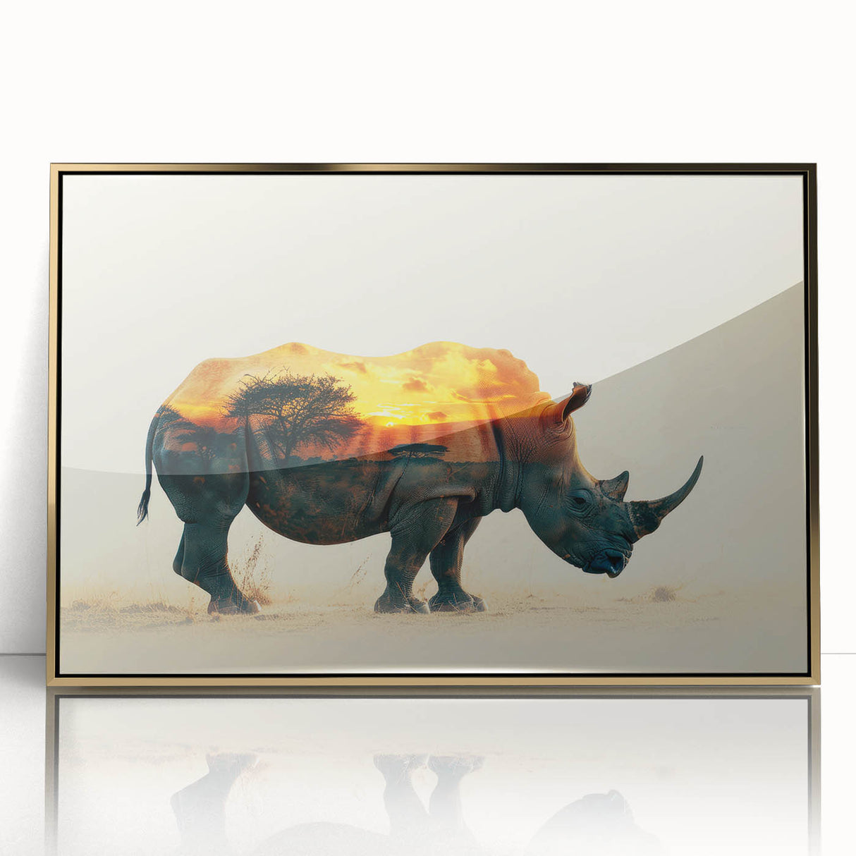 Framed wall art featuring a striking gold-accented design of a rhinoceros in a natural setting, perfect for wildlife enthusiasts and modern decor.