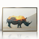 Framed wall art featuring a striking gold-accented design of a rhinoceros in a natural setting, perfect for wildlife enthusiasts and modern decor.