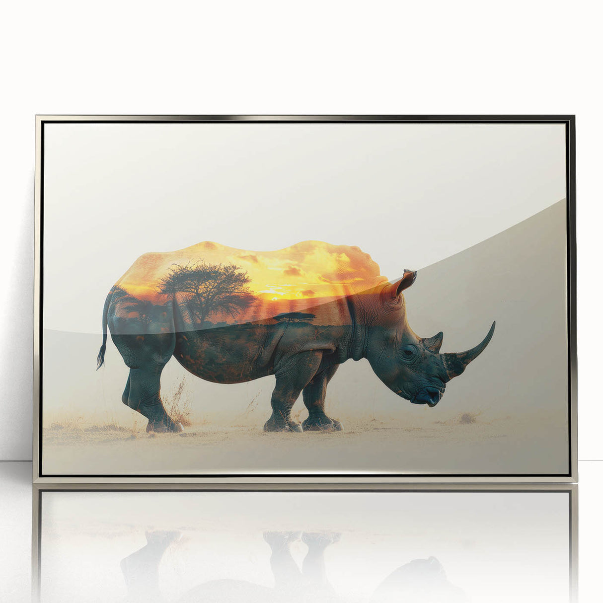 Framed wall art featuring a striking silver-acrylic design of a rhinoceros, showcasing fine details and a contemporary aesthetic, perfect for wildlife enthusiasts.
