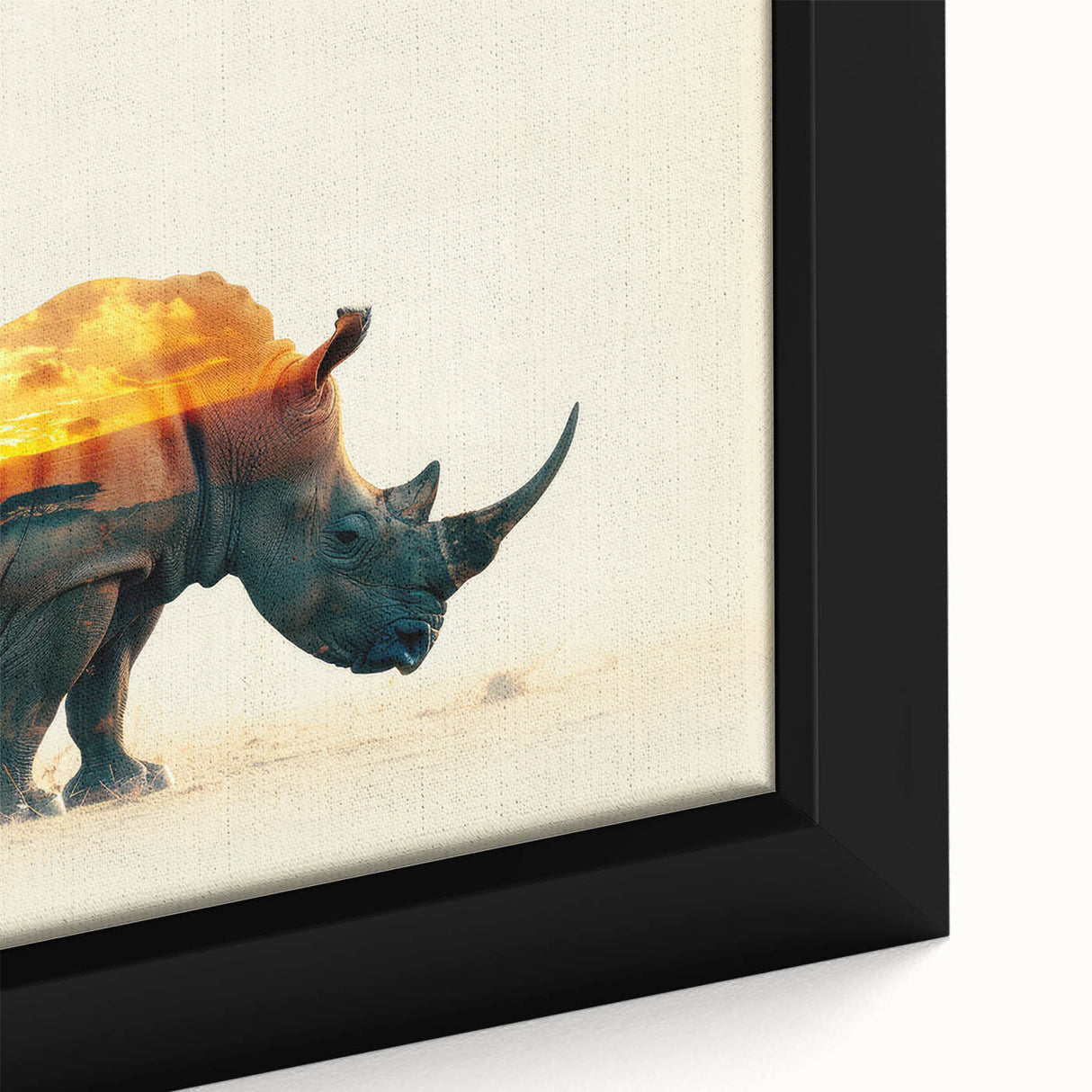 Close-up of a framed canvas wall art featuring a detailed design of a rhinoceros in a wild setting, showcasing intricate textures and vibrant colors, ideal for wildlife enthusiasts.