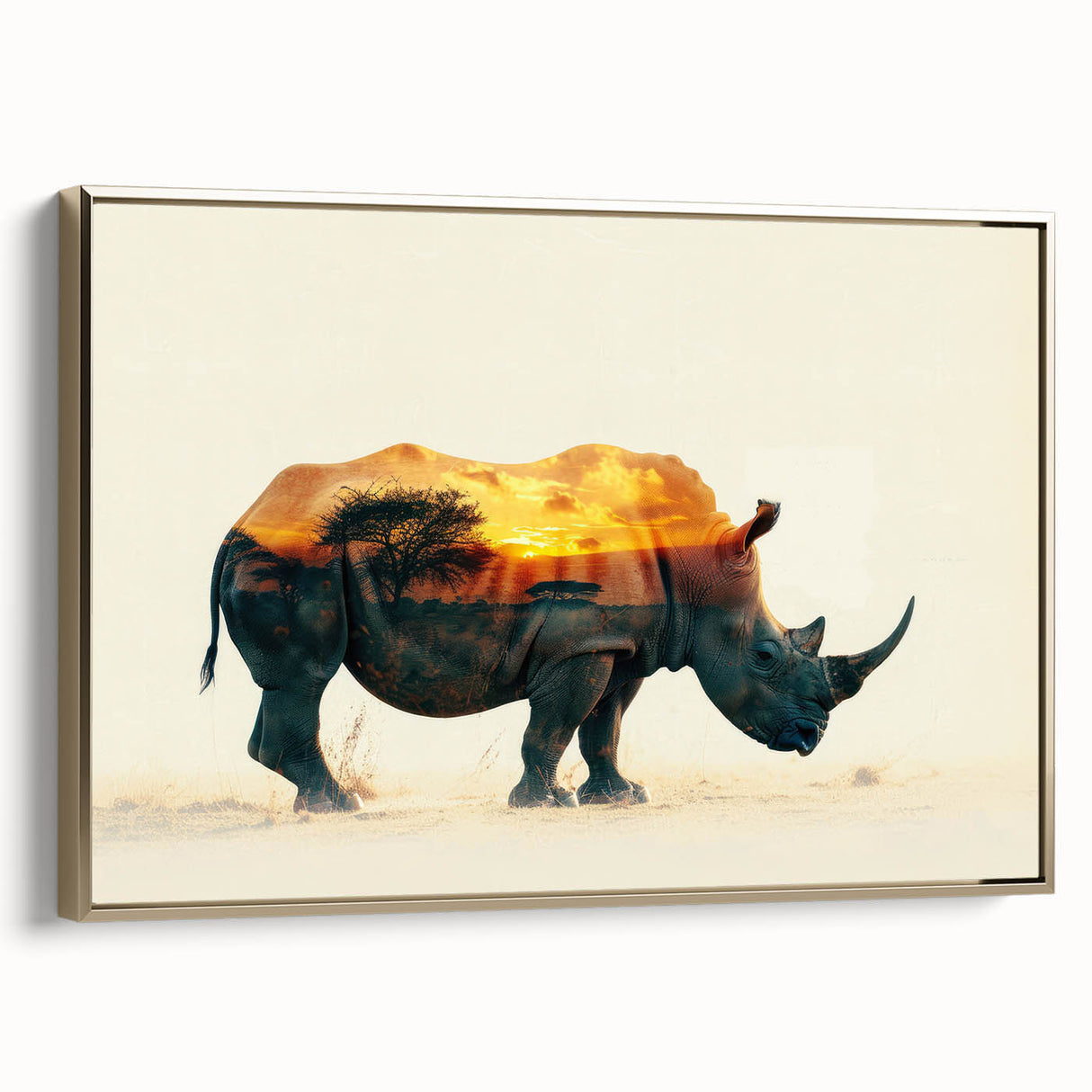 Framed wall art featuring a side view of a majestic rhinoceros, showcasing intricate gold accents and a textured canvas surface, perfect for wildlife-themed decor.