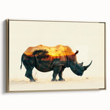 Framed wall art featuring a side view of a majestic rhinoceros, showcasing intricate gold accents and a textured canvas surface, perfect for wildlife-themed decor.