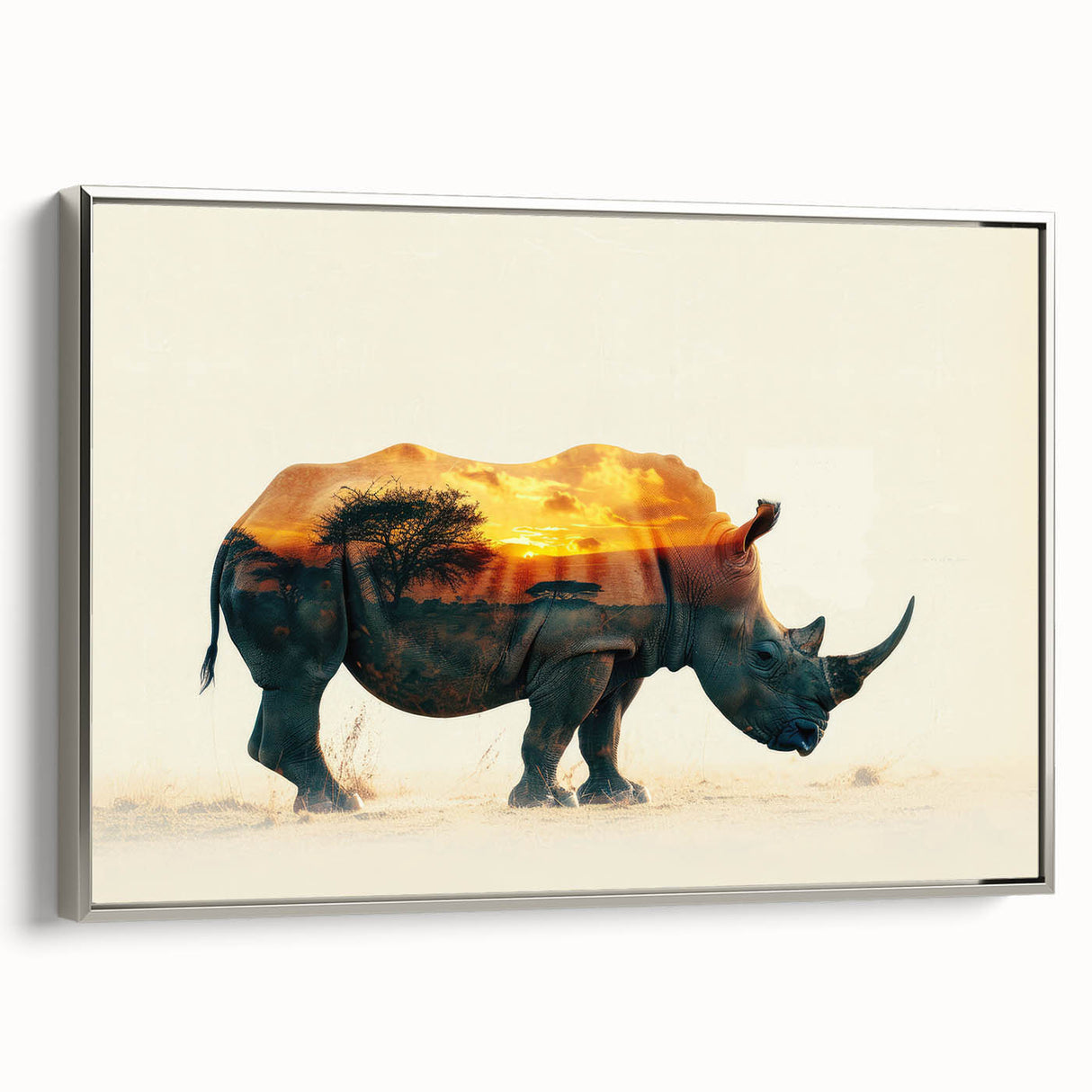 Framed wall art showcasing a silver side view of a rhinoceros, emphasizing intricate details and textures, ideal for wildlife enthusiasts and modern decor.