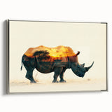 Framed wall art showcasing a silver side view of a rhinoceros, emphasizing intricate details and textures, ideal for wildlife enthusiasts and modern decor.