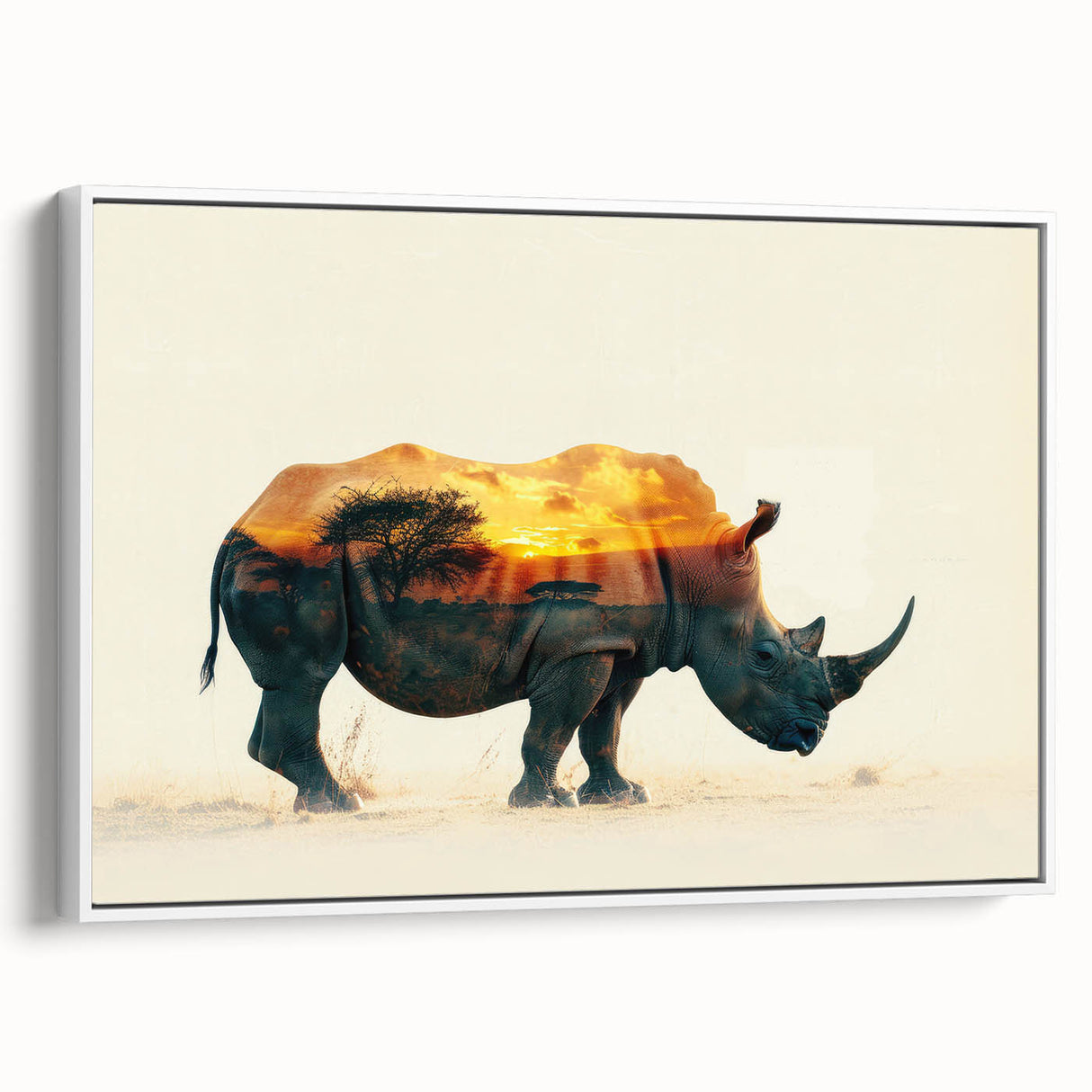 Framed wall art featuring a side view of a rhinoceros in a minimalist style, showcasing intricate details and earthy colors, perfect for wildlife enthusiasts.