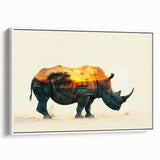 Framed wall art featuring a side view of a rhinoceros in a minimalist style, showcasing intricate details and earthy colors, perfect for wildlife enthusiasts.