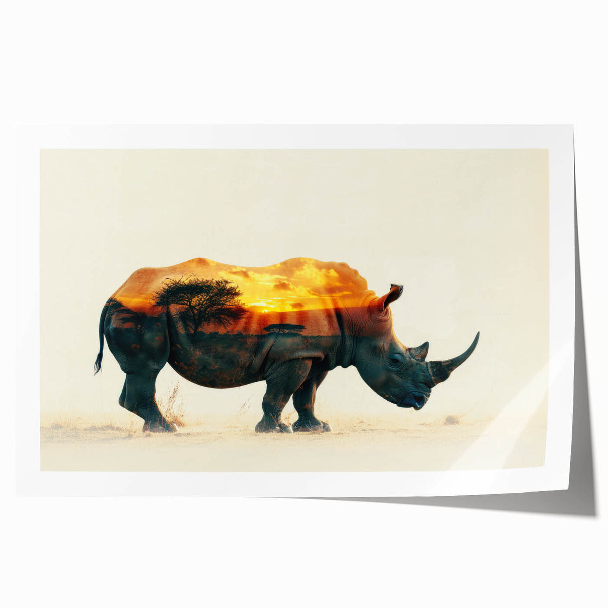 Detailed wall art print of a rhinoceros, showcasing intricate designs and vibrant colors, ideal for wildlife enthusiasts and home decor, presented as a rolled canvas.