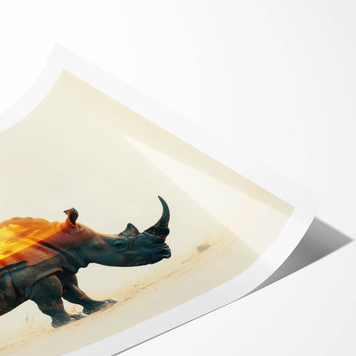 Rhinoceros wall art design featuring a detailed illustration of a rhino in a natural setting, showcasing earthy tones and textures, perfect for wildlife enthusiasts.