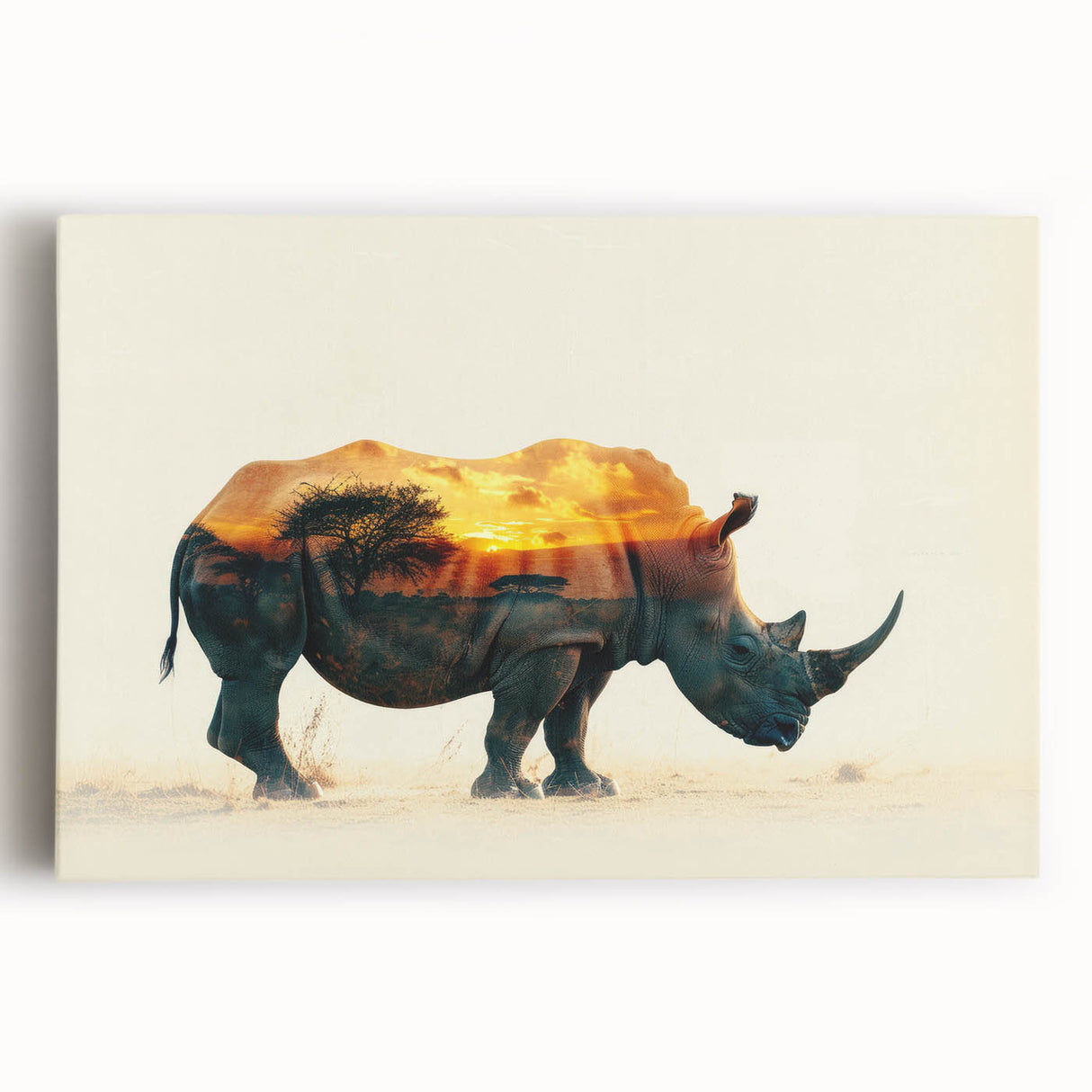 Rhinoceros wall art design on stretched canvas, showcasing a vibrant front view of the animal in a natural habitat, perfect for wildlife enthusiasts and home décor.