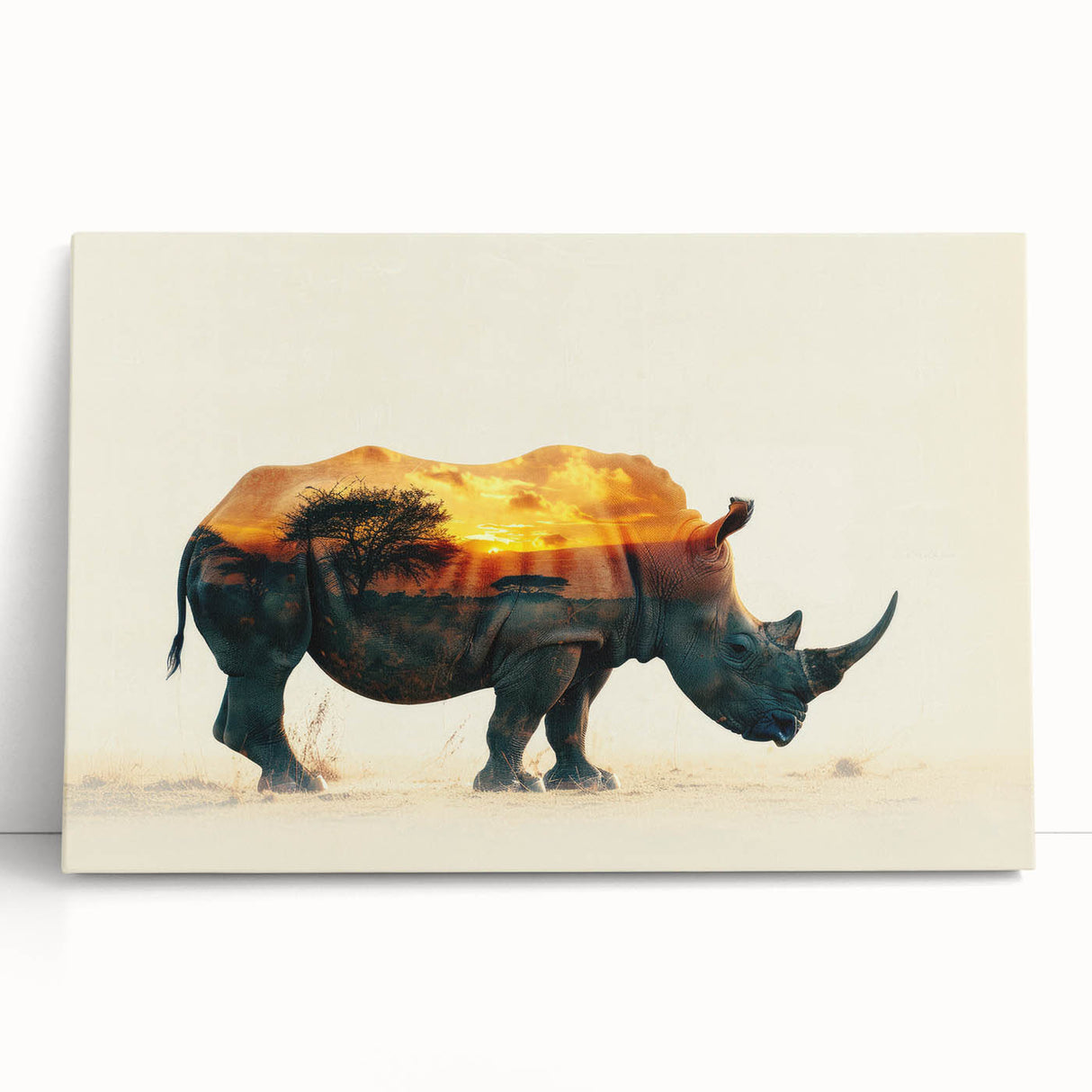 Stretched canvas wall art depicting a detailed illustration of a rhinoceros in a natural setting, showcasing vibrant colors and textures, perfect for wildlife enthusiasts.
