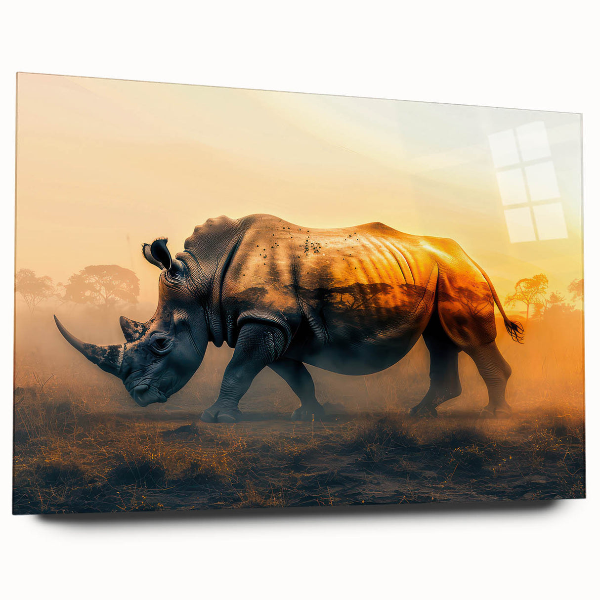 Side view of a stunning rhinoceros wall art piece made from acrylic glass, showcasing intricate details and vibrant colors, perfect for wildlife enthusiasts and decor.