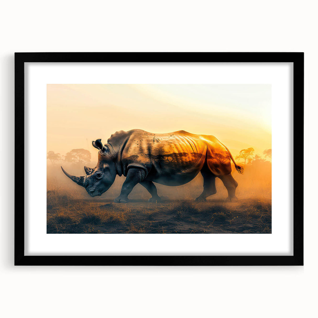Black-framed wall art showcasing a detailed rhinoceros design, featuring vibrant colors and intricate patterns, perfect for wildlife enthusiasts and home decor.