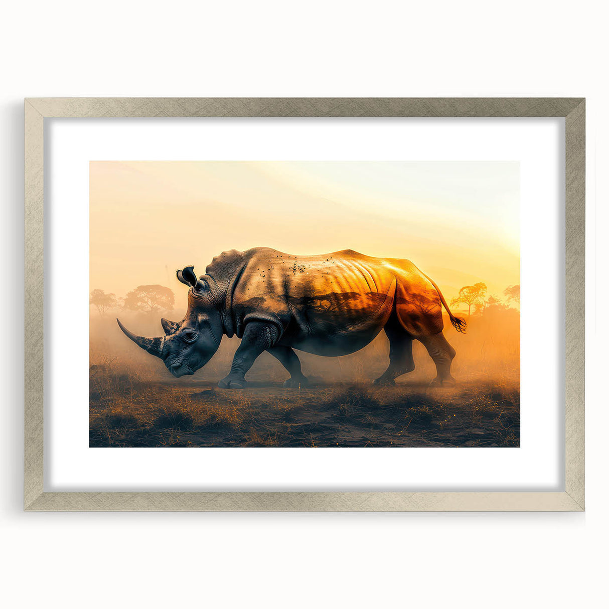 Framed wall art featuring a striking rhinoceros design in a silver frame with a mat, showcasing intricate details and vibrant colors, ideal for wildlife enthusiasts.