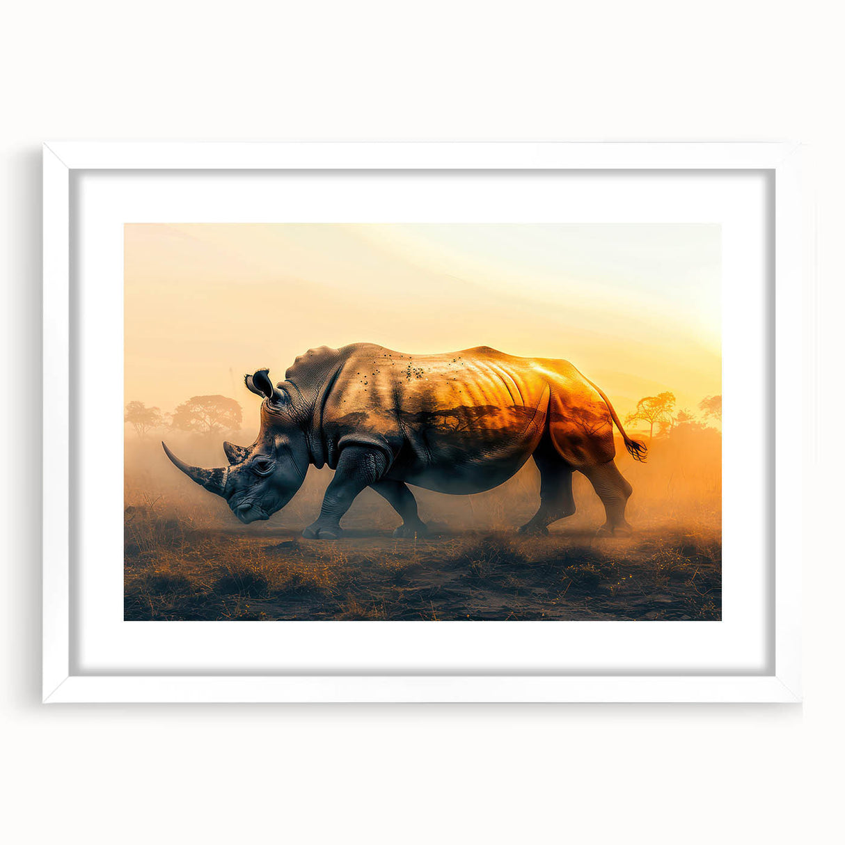 Detailed wall art featuring a striking design of a rhinoceros, framed in white with a mat, showcasing intricate details and textures, ideal for wildlife enthusiasts.