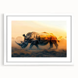 Detailed wall art featuring a striking design of a rhinoceros, framed in white with a mat, showcasing intricate details and textures, ideal for wildlife enthusiasts.