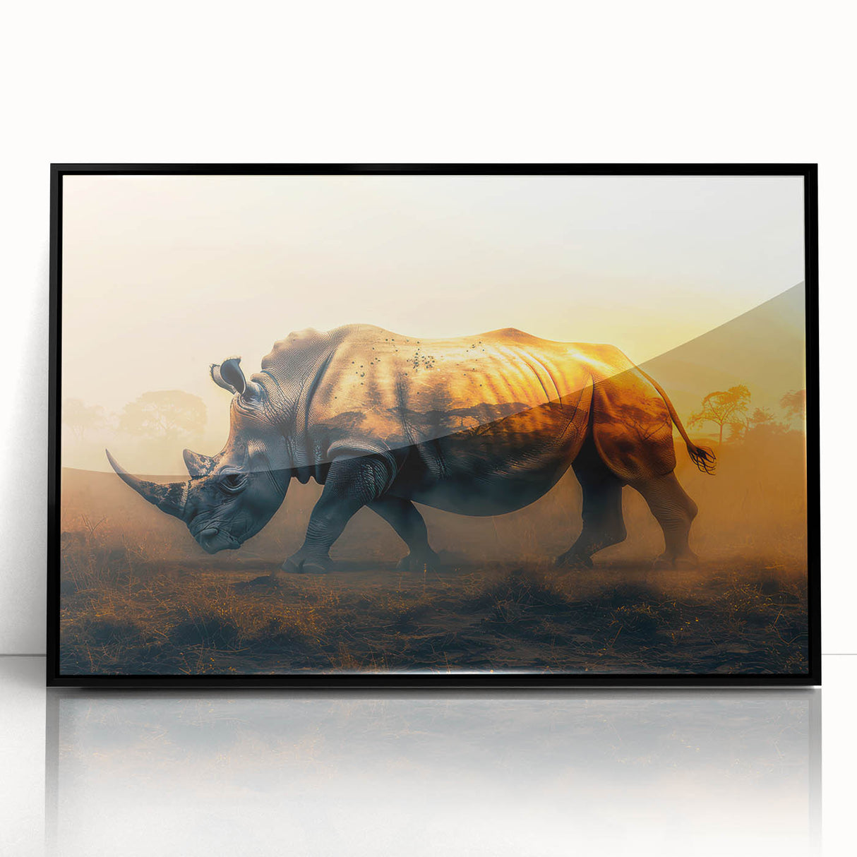 Framed acrylic wall art featuring a striking black rhinoceros design, showcasing intricate details and bold colors, ideal for wildlife enthusiasts and modern decor.