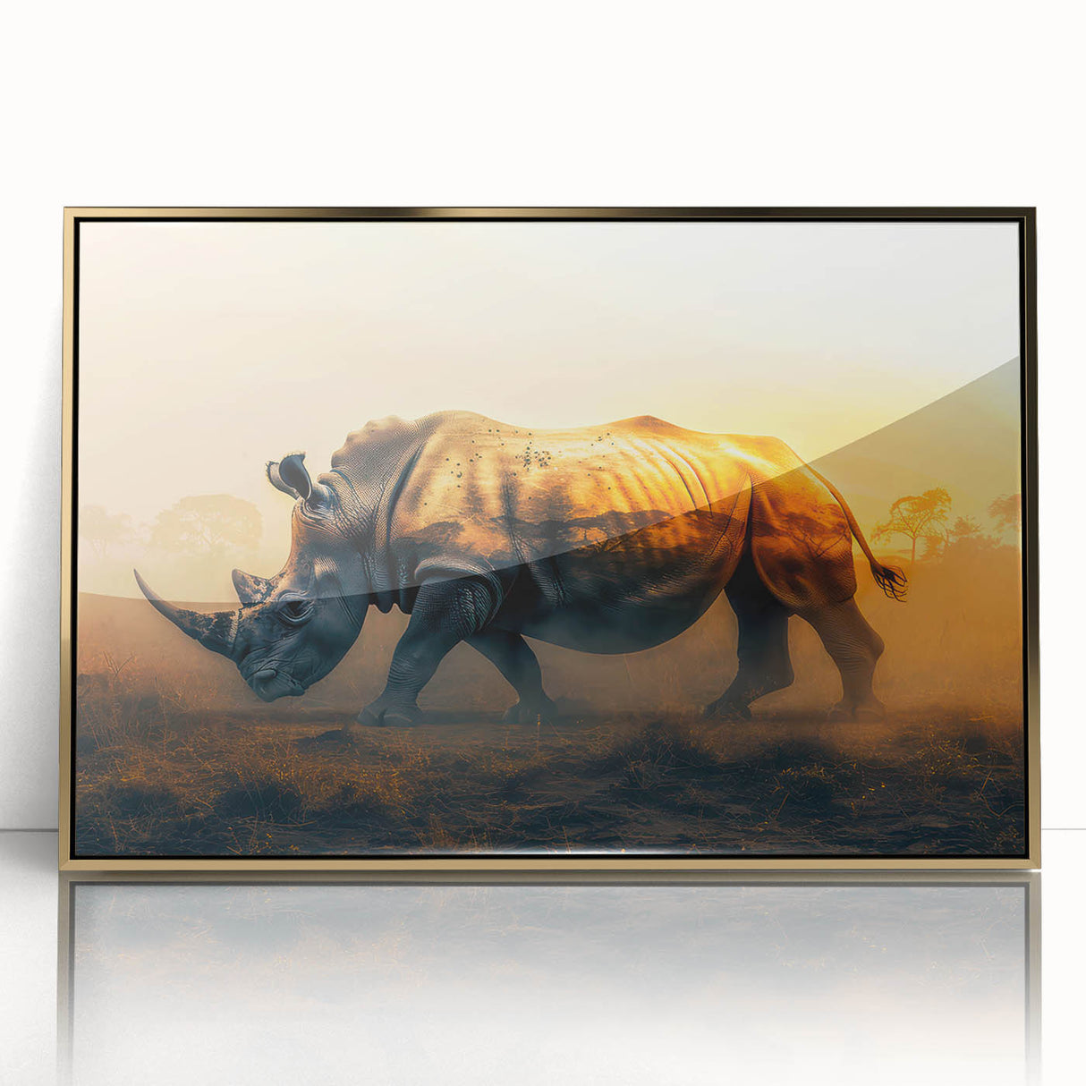 Framed wall art showcasing a striking golden-accented rhinoceros design, set against a sleek black background, perfect for modern wildlife decor enthusiasts.