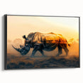 Framed wall art showcasing a side view of a rhinoceros in a minimalist black design, perfect for wildlife enthusiasts and modern decor, adding a touch of nature to any room.