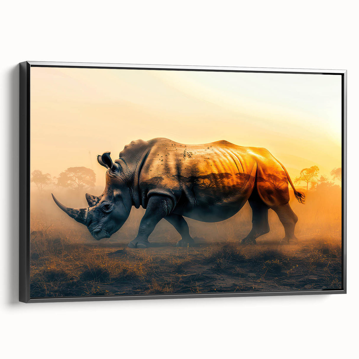 Framed wall art showcasing a side view of a rhinoceros in a minimalist black design, perfect for wildlife enthusiasts and modern decor, adding a touch of nature to any room.
