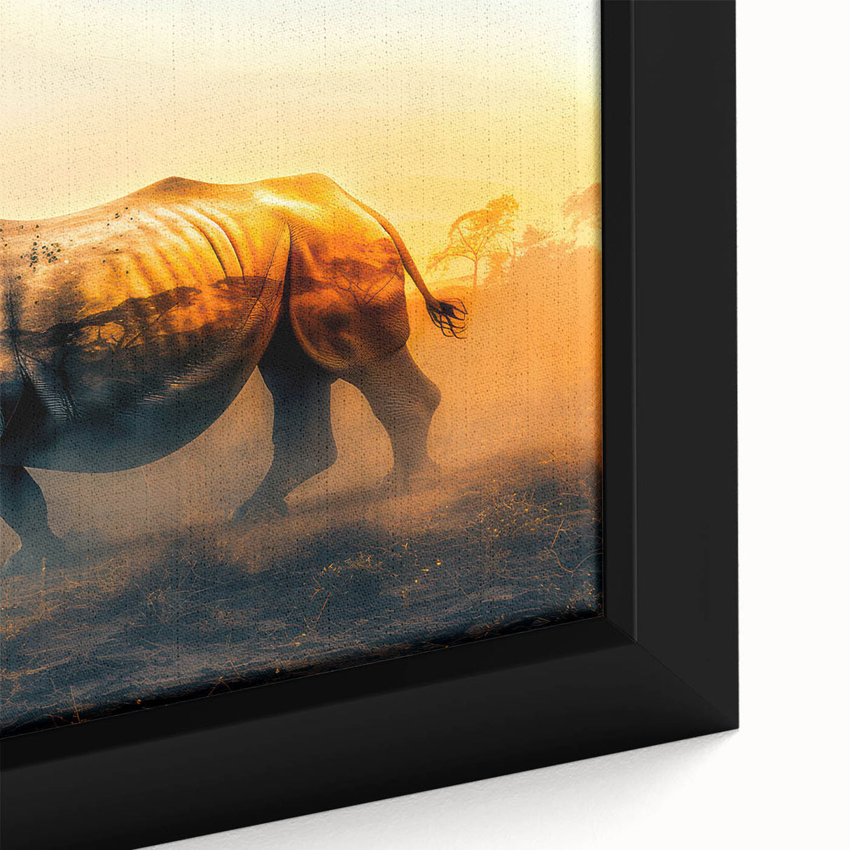 Close-up of a framed canvas wall art featuring a striking rhinoceros design, showcasing intricate details and textures, perfect for animal lovers and wildlife enthusiasts.