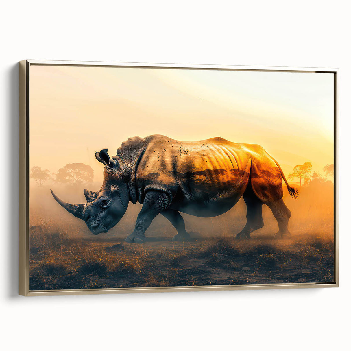 Framed canvas wall art showcasing a majestic rhinoceros in profile, featuring intricate gold accents and a textured finish, ideal for wildlife-themed decor.