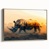 Framed canvas wall art showcasing a majestic rhinoceros in profile, featuring intricate gold accents and a textured finish, ideal for wildlife-themed decor.