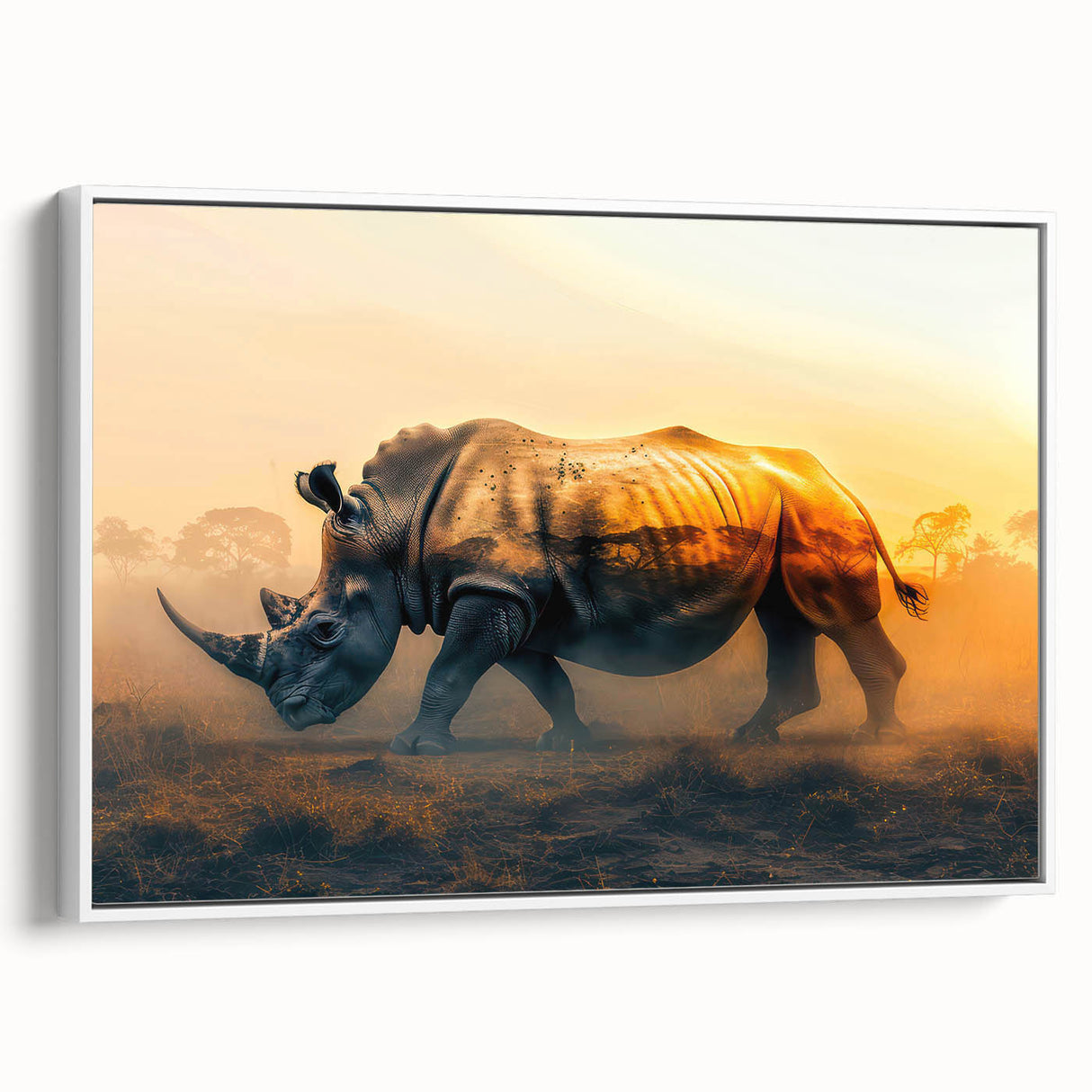 Framed canvas wall art featuring a side view of a rhinoceros, showcasing intricate details and bold colors, perfect for wildlife enthusiasts and modern decor.