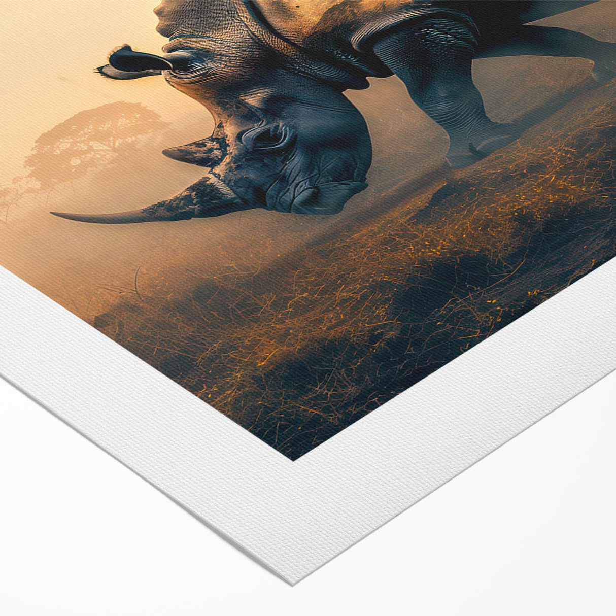Rhinoceros-themed wall art design on textured rolled canvas, showcasing a vibrant depiction of wildlife, perfect for nature enthusiasts' home decor.