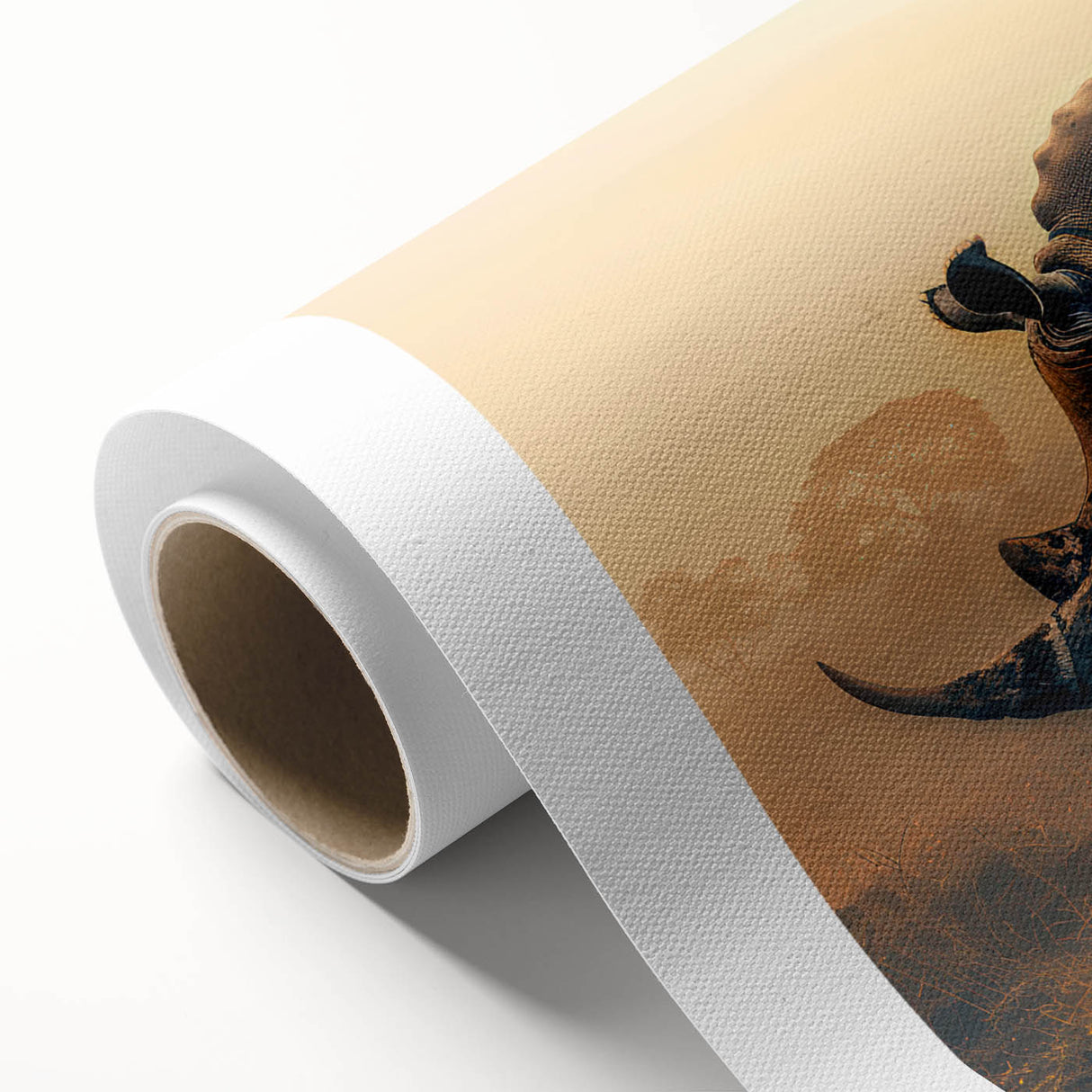 Rolled canvas showcasing a vibrant rhinoceros design, part of a wildlife wall art collection, featuring bold colors and intricate details, perfect for nature enthusiasts.