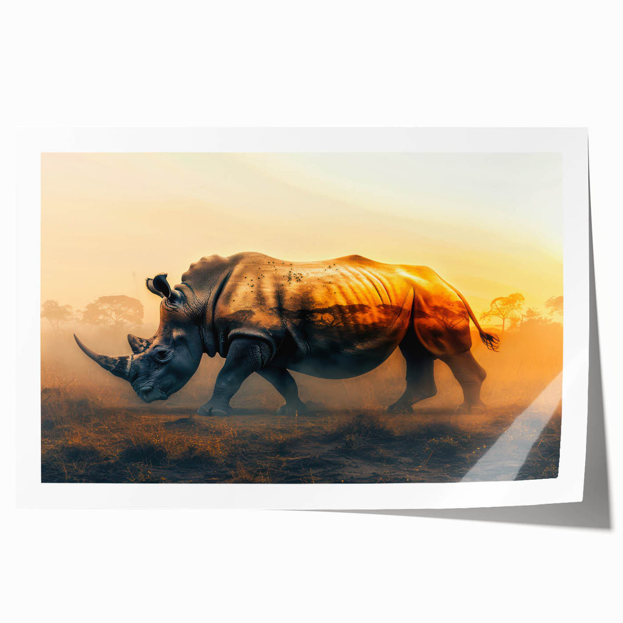 Rhinoceros wall art print showcasing a vibrant and detailed illustration of a rhinoceros in a natural habitat, ideal for wildlife enthusiasts and home decor.