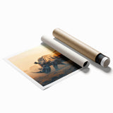 Rhinoceros wall art print showcasing a vibrant, stylized design with intricate details, rolled and securely packaged in a protective tube for easy display.